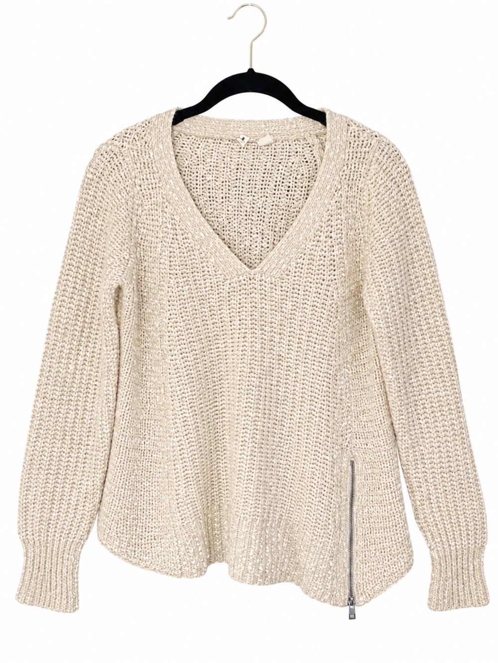 Moth Anthropologie Cream Wool Blend Sweater S Side Zip Textured Knit Boho Chunky